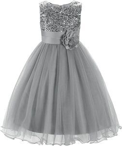Easter Dress🩶Gray Flower Girl Formal Sequin Tulle Tutu Pageant Gown - 8 Kids